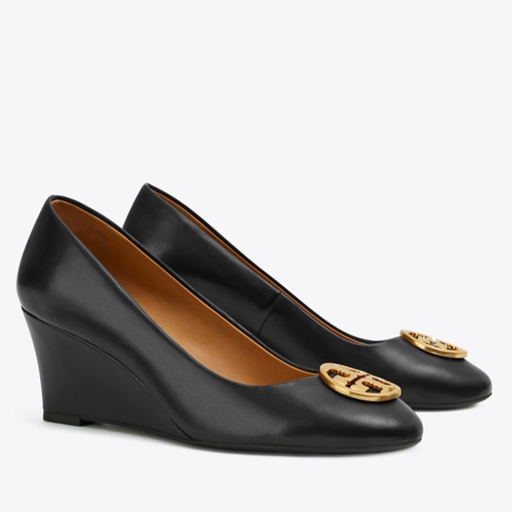 Tory Burch Black Leather Wedge Pumps with Gold Logo